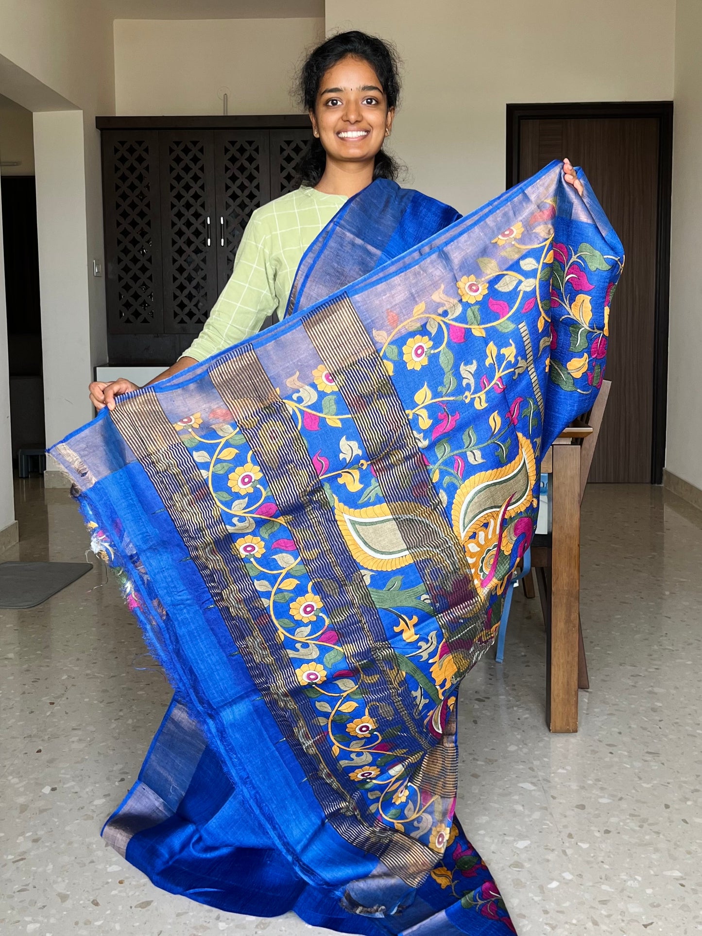 Royal Blue Tussar Silk Saree with Floral Prints