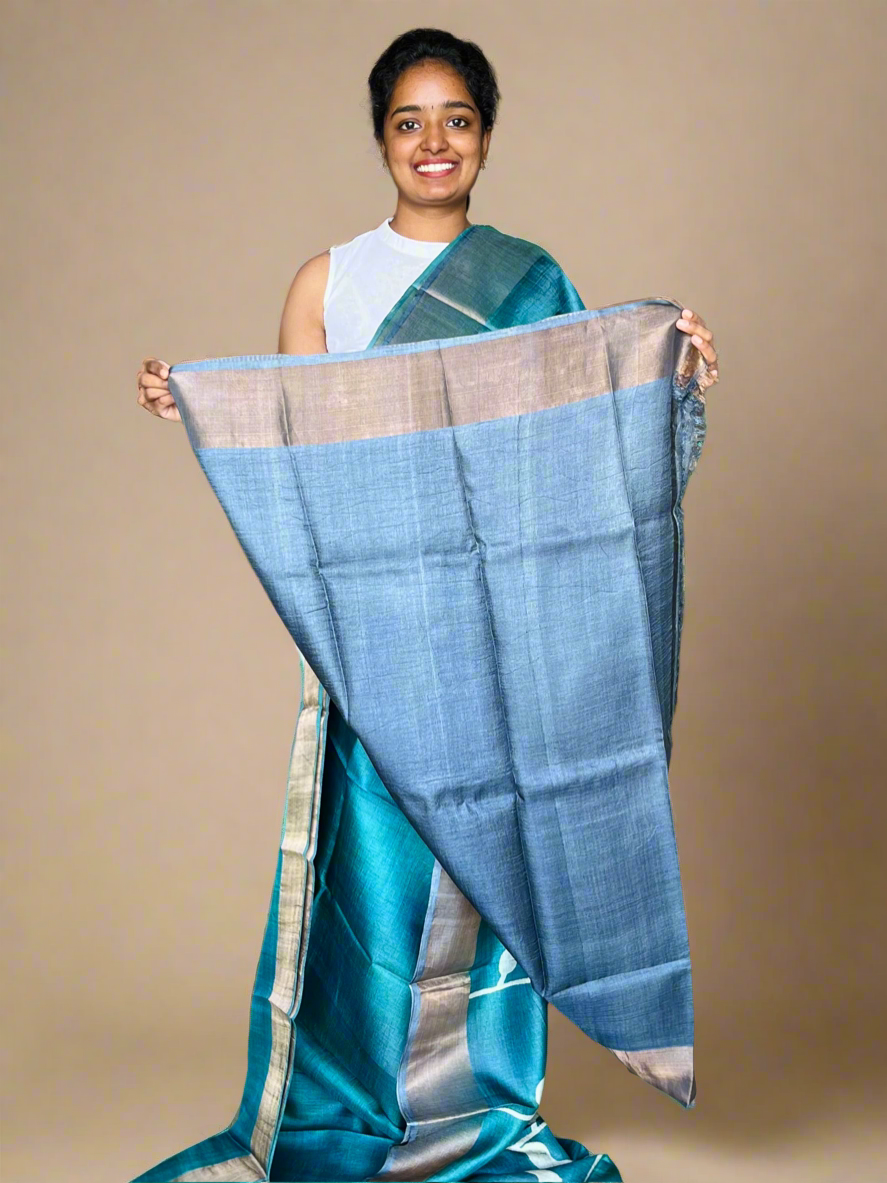 Peacock Green Tussar Silk Saree with Prints
