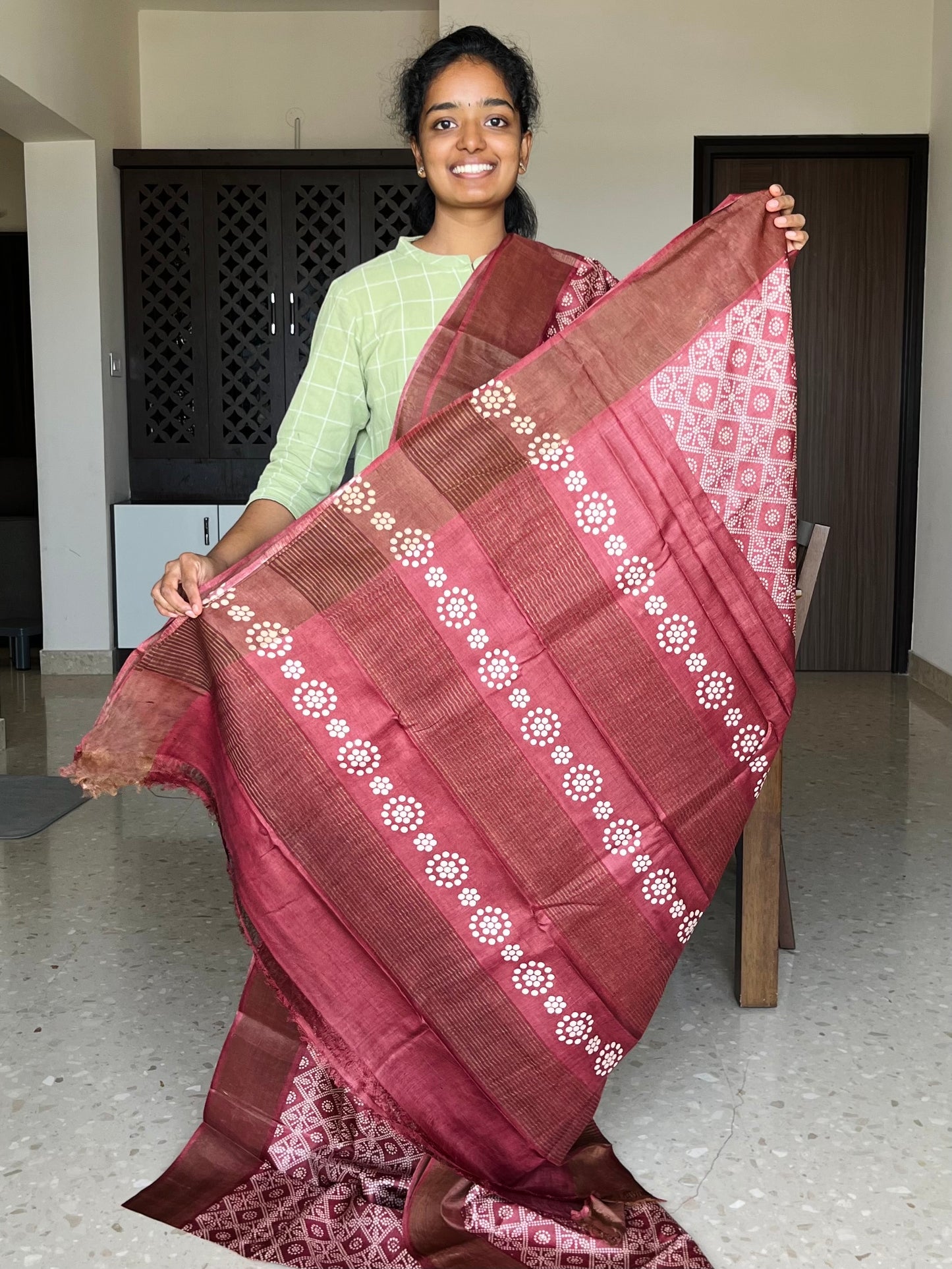 Brick Maroon Tussar Silk Saree with Prints