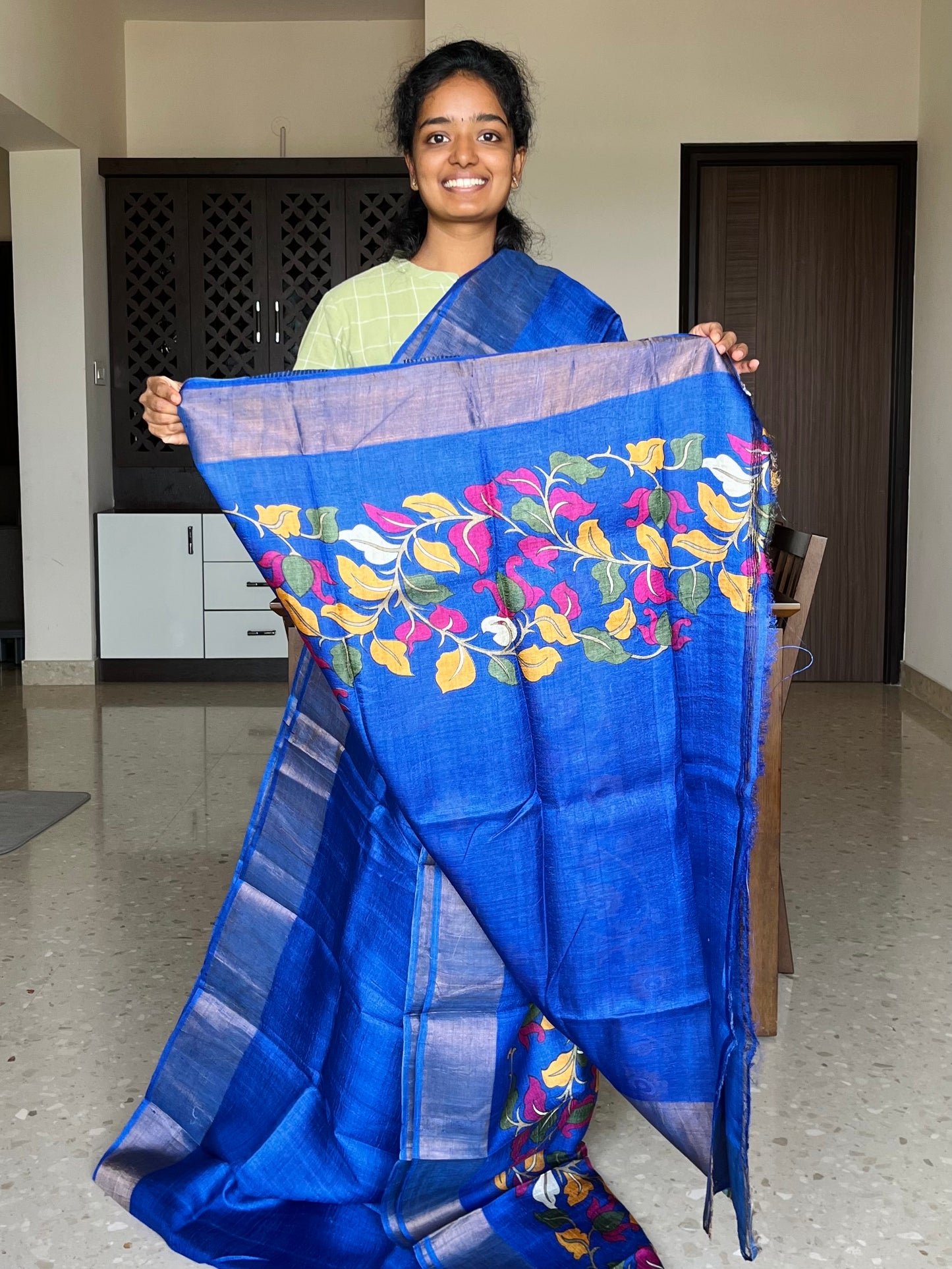 Royal Blue Tussar Silk Saree with Floral Prints