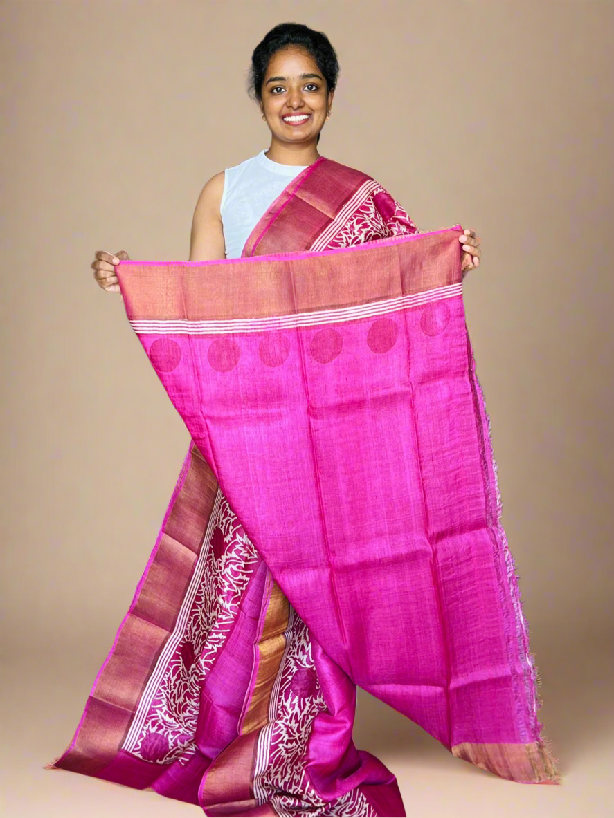 Fuschia Pink Tussar Silk Saree with Prints