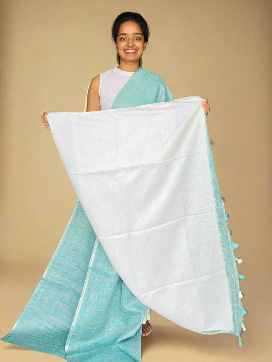Cyan and Grey Linen Saree