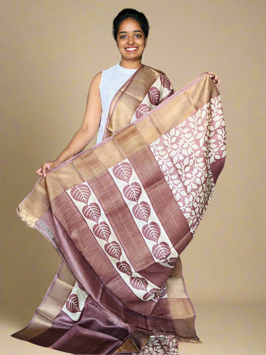 Brown Tussar Silk Saree with Prints