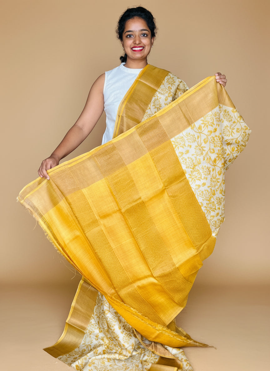 Yellow Tussar Silk Saree with Prints