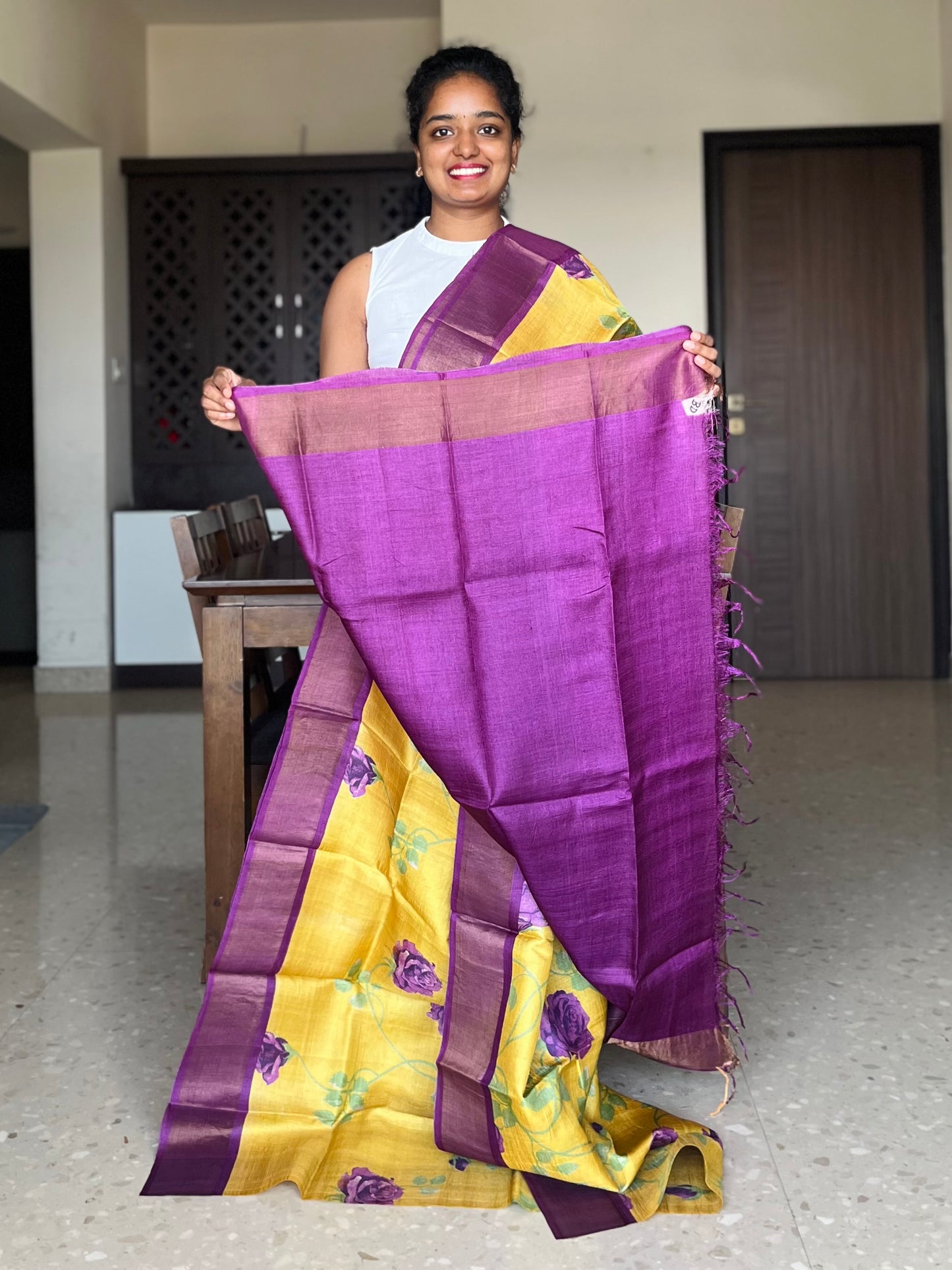 Yellow and Violet Tussar Silk Saree with Prints