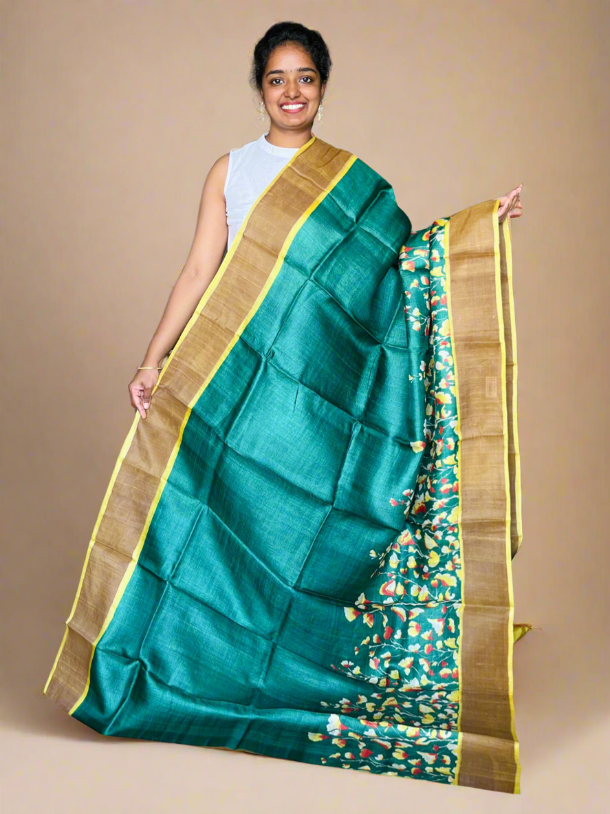 Dark Green and Yellow Tussar Silk Saree with Prints