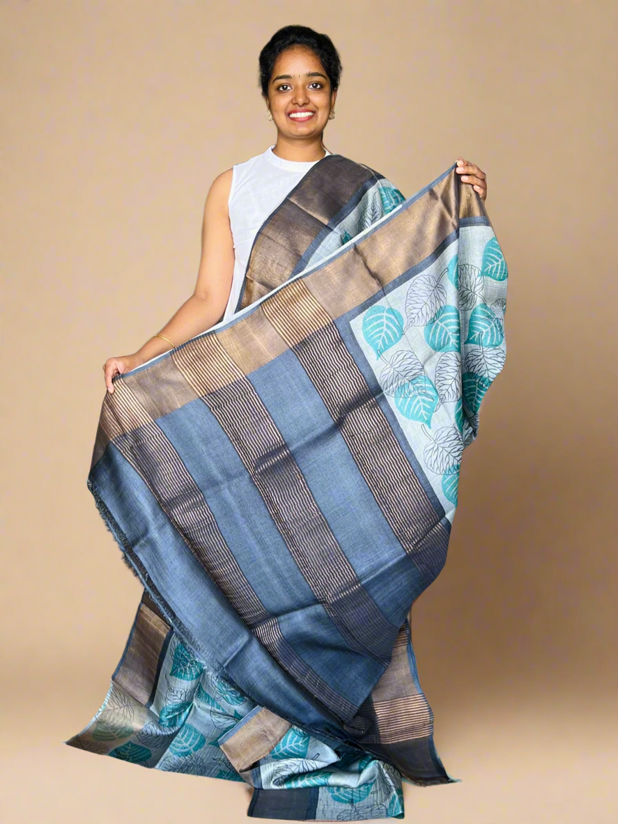 Grey and Black Tussar Silk Saree with Prints