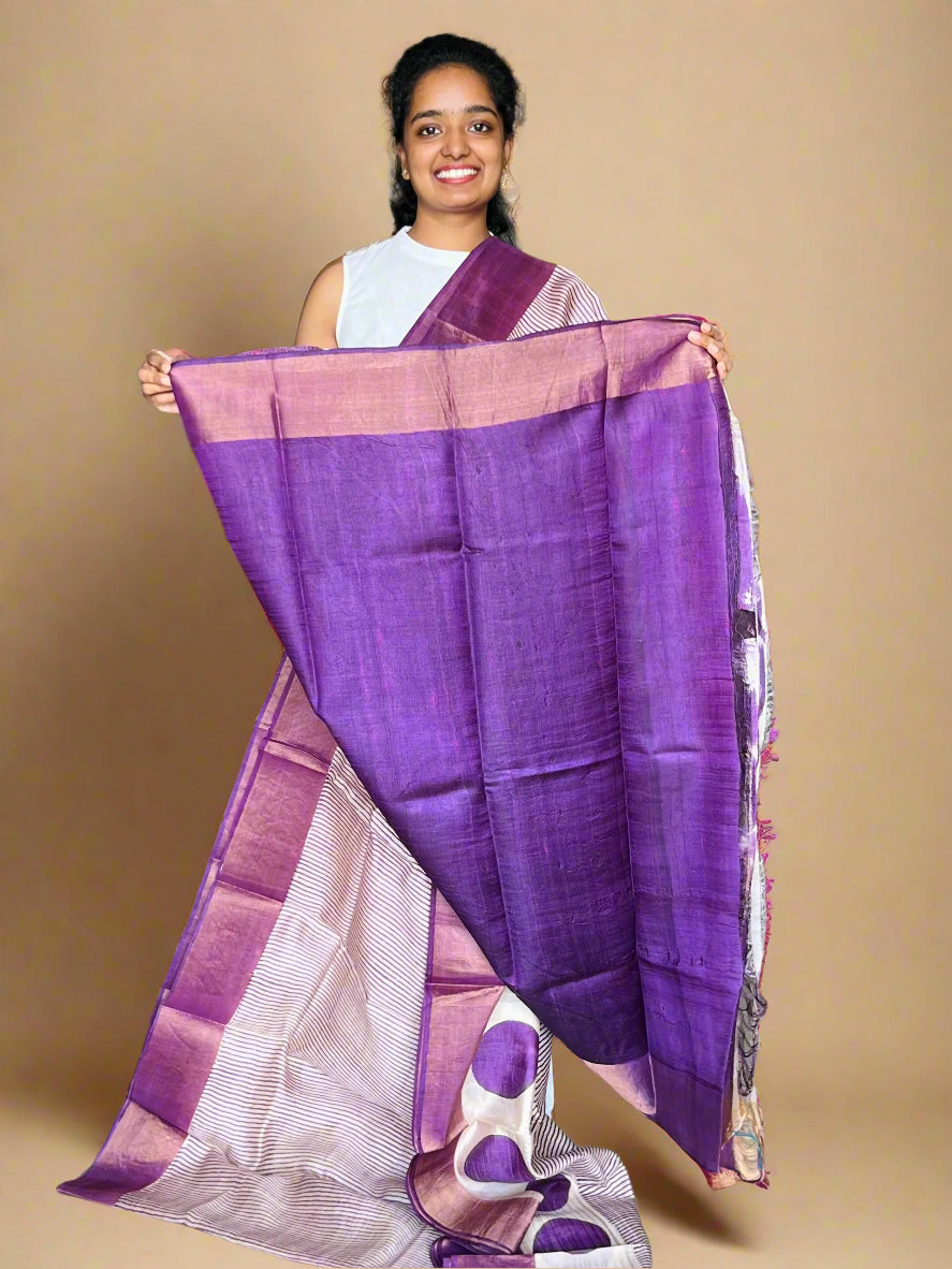 Purple Tussar Silk Saree with Prints