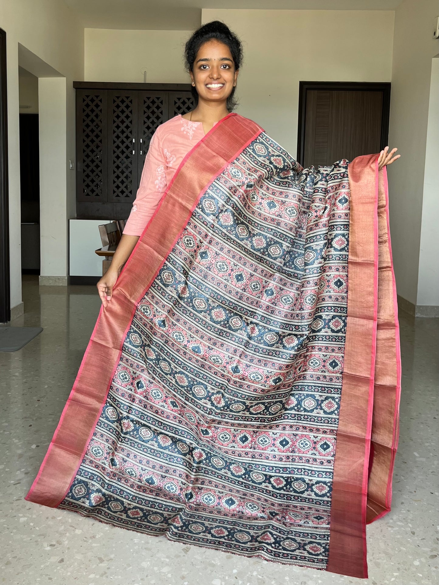 Grey and Peach Tussar Silk Saree with Prints