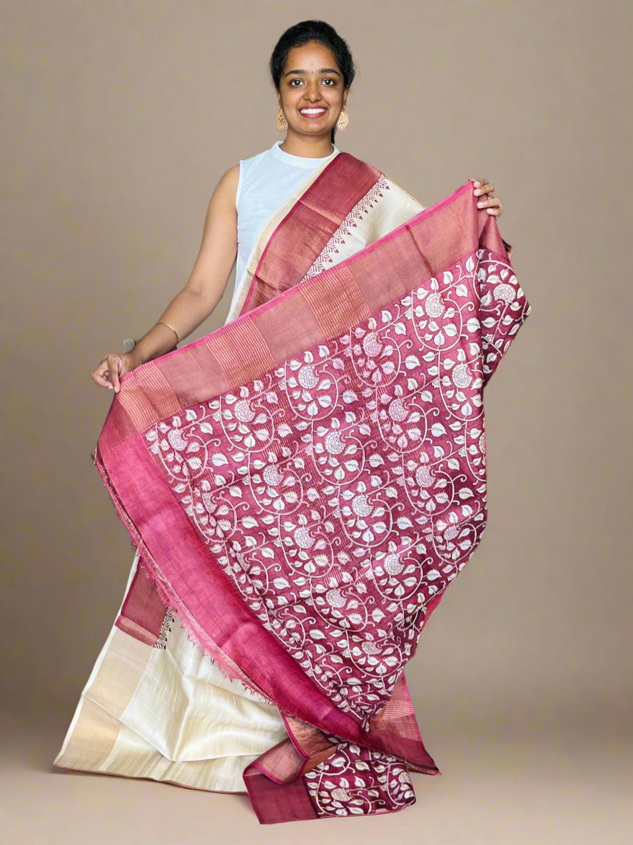 Cream and Maroon Tussar Silk Saree with Prints