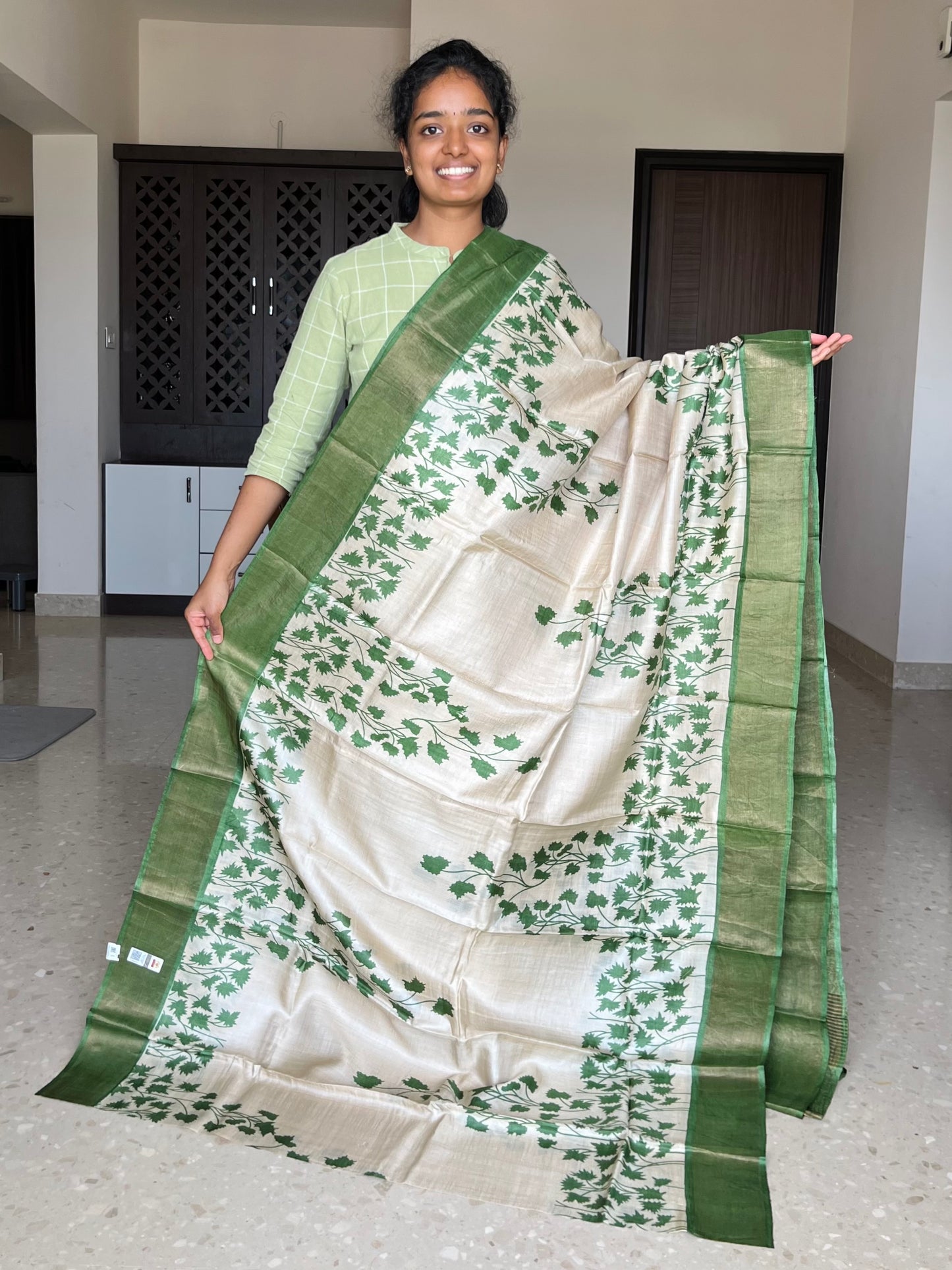 Cream and Green Tussar Silk Saree with Prints