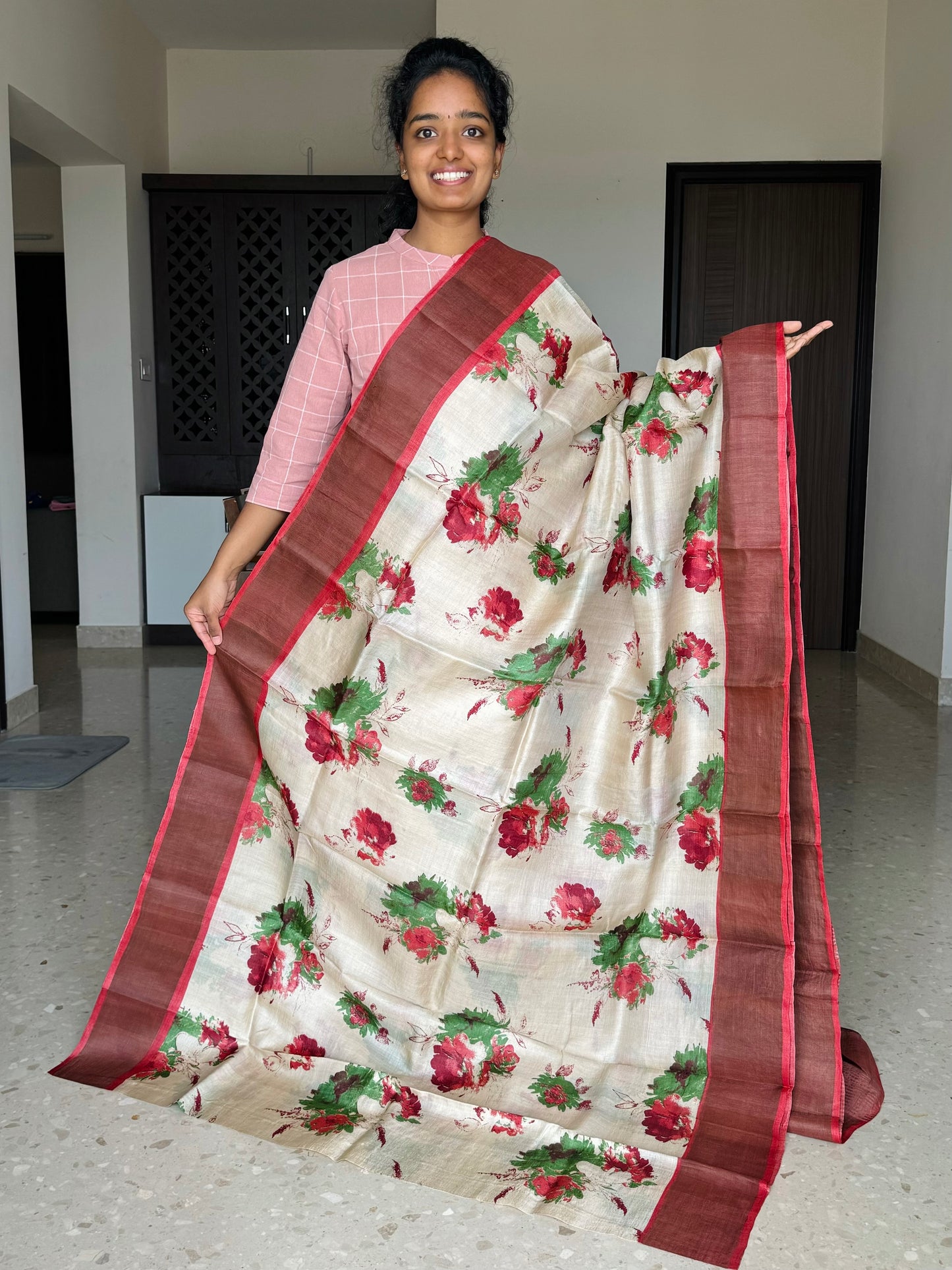 Cream and Red Tussar Silk Saree with Prints