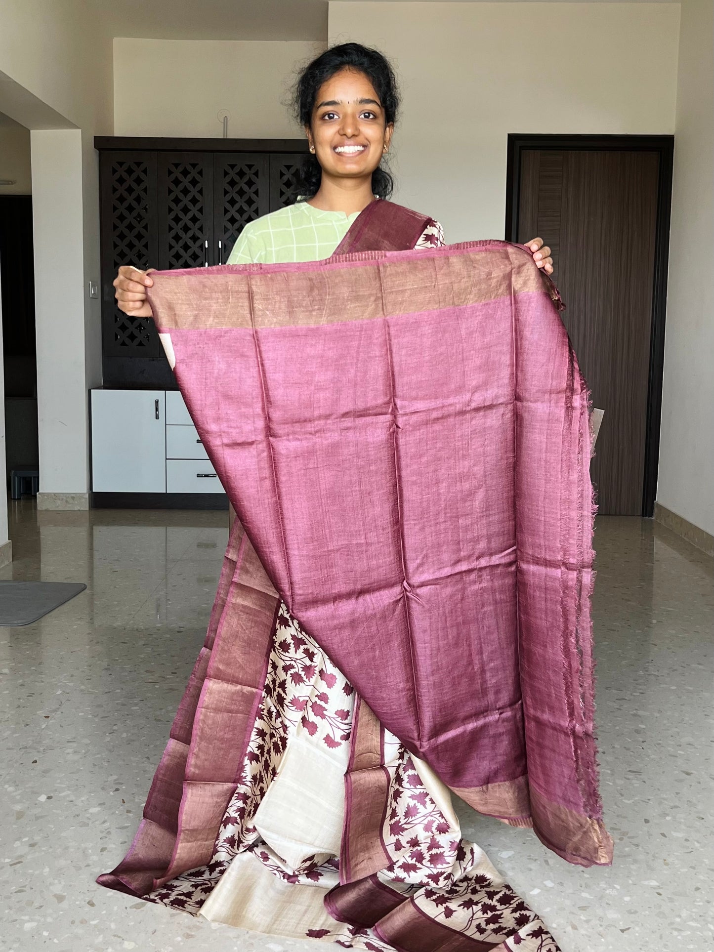 Cream and Maroon Tussar Silk Saree with Prints