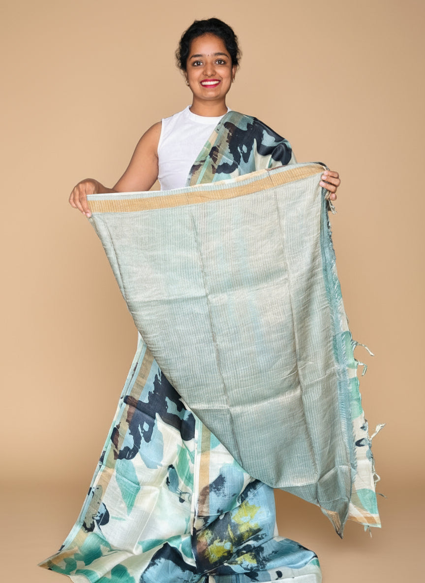 Cream and Blue Tussar Silk Saree with Prints