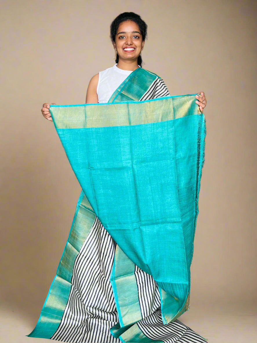 Black and Cyan Tussar Silk Saree with Print