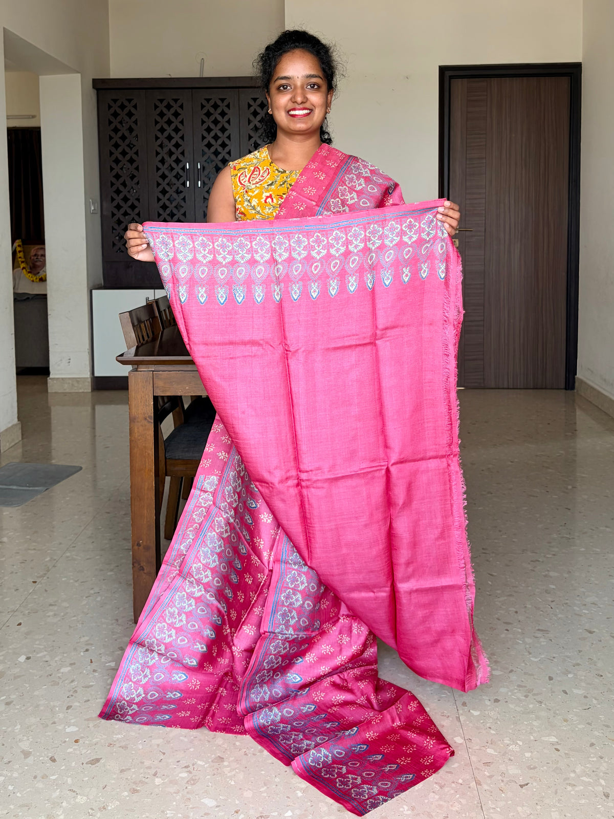 Coral Tussar Silk Saree with Prints
