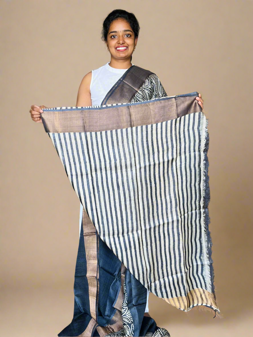 Black Tussar Silk Saree with Prints