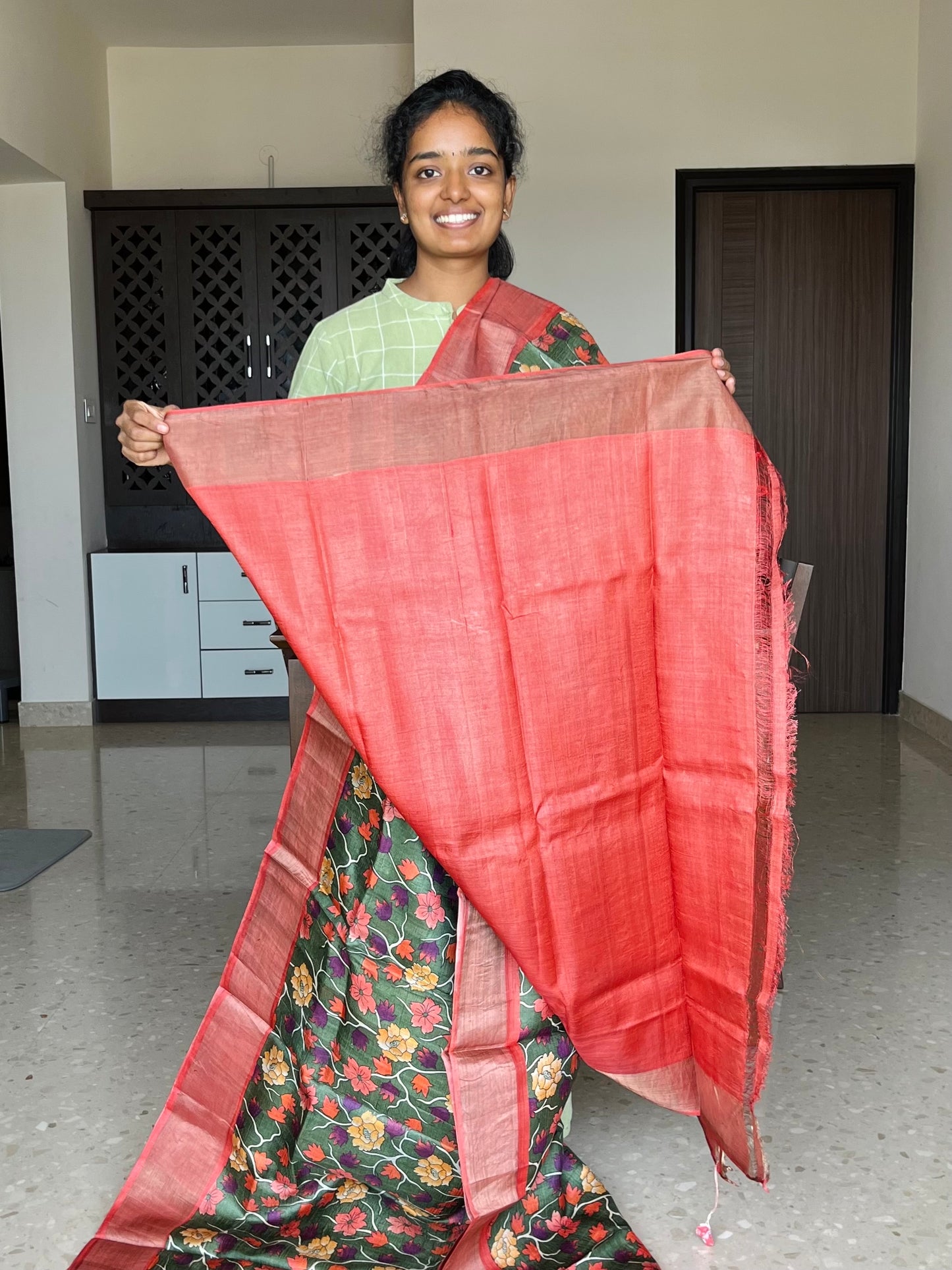 Green and Peach Tussar Silk Saree with Prints