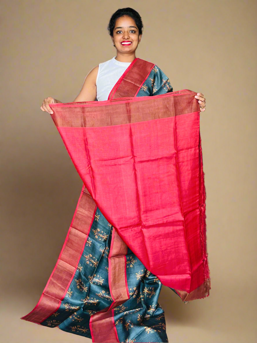 Green and Red Tussar Silk Saree with Prints