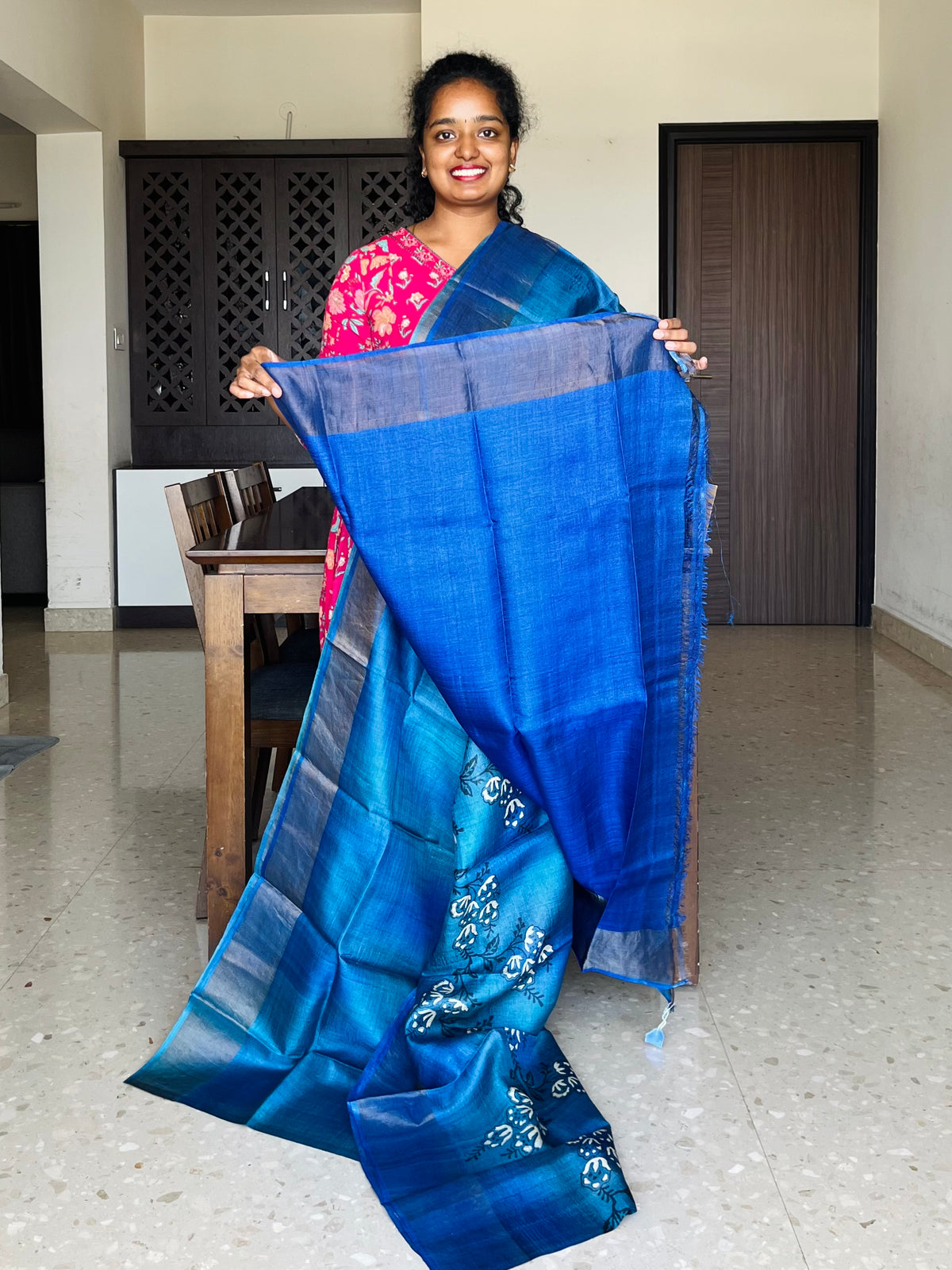 Blue Tussar Silk Saree with Prints