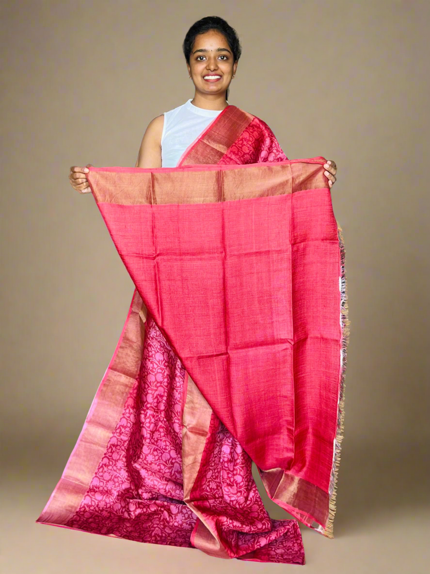 Pink and Red Tussar Silk Saree with Prints