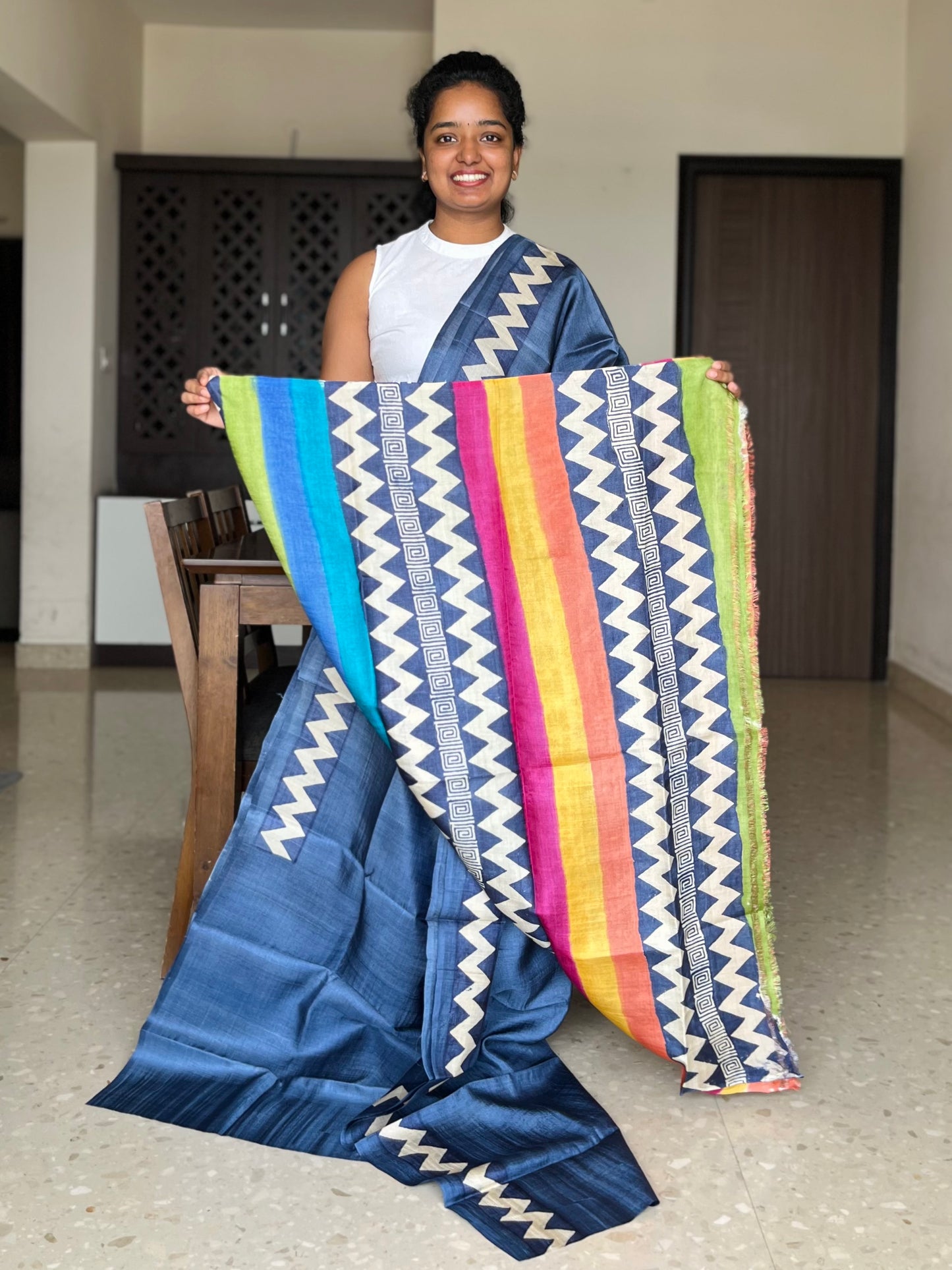 Blue Tussar Silk Saree with Prints