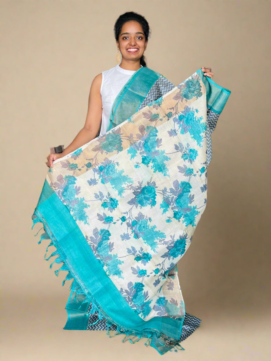 Grey and Blue Tussar Silk Saree with Prints