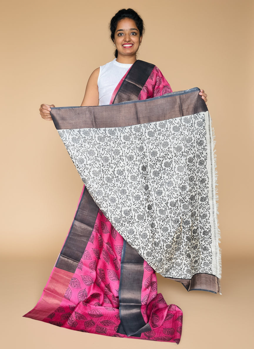 Magenta and Black Tussar Silk Saree with Prints