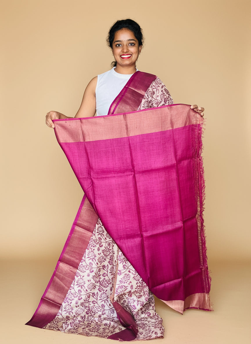 Magenta Tussar Silk Saree with Prints