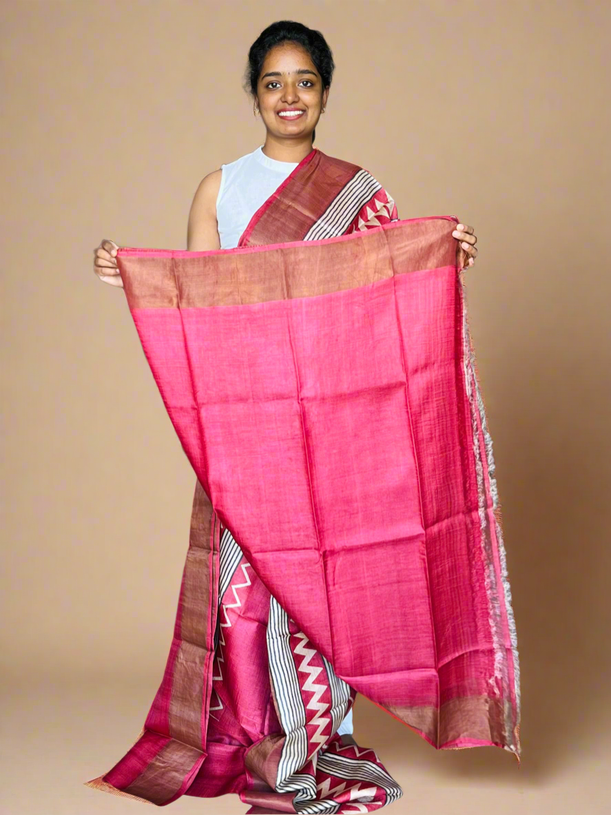 Maroon Tussar Silk Saree with Prints