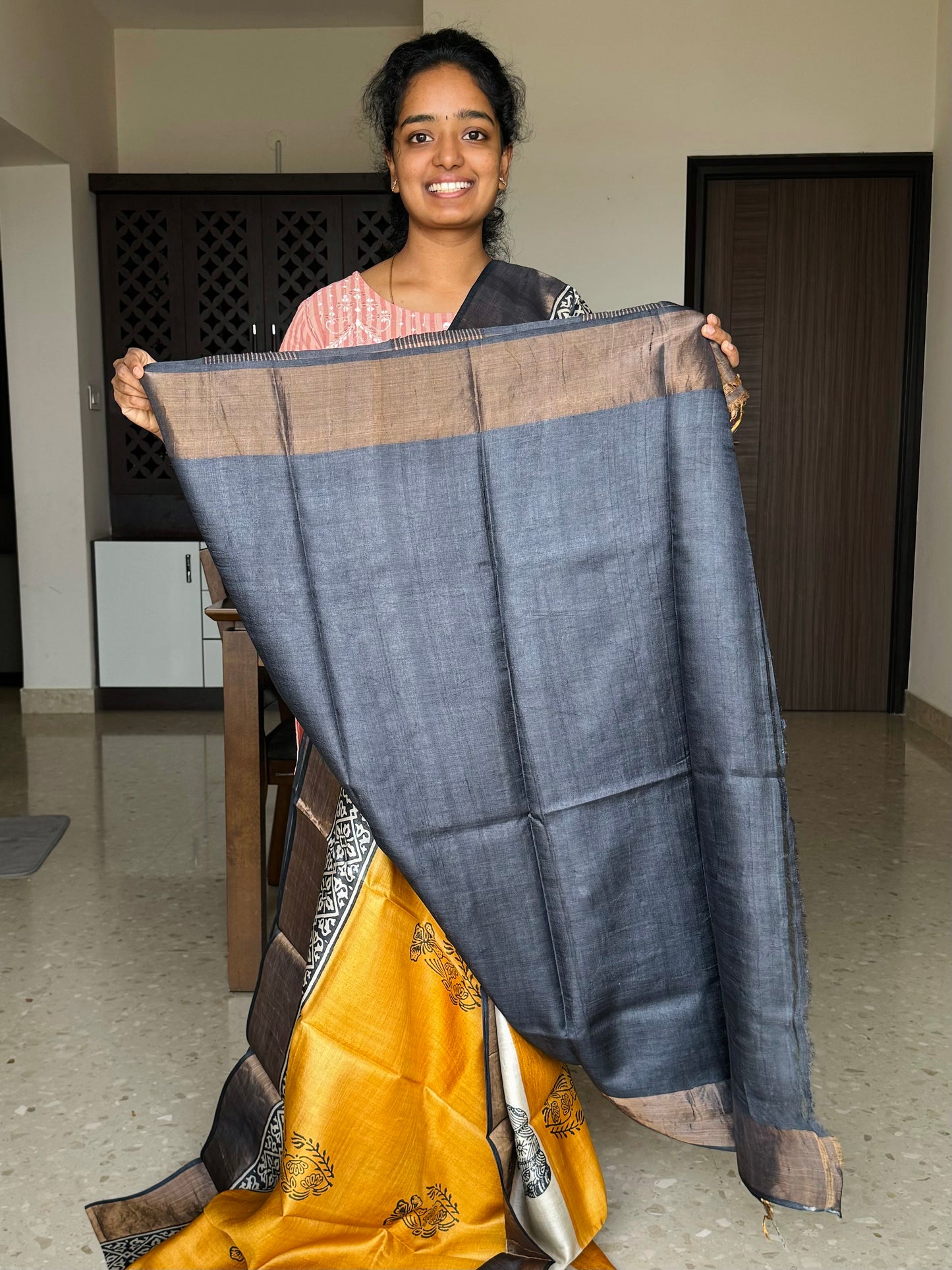 Yellow and Black Tussar Silk Saree with Prints