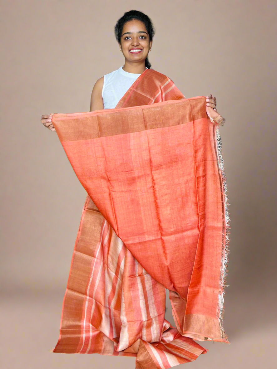 Orange Tussar Silk Saree with Prints