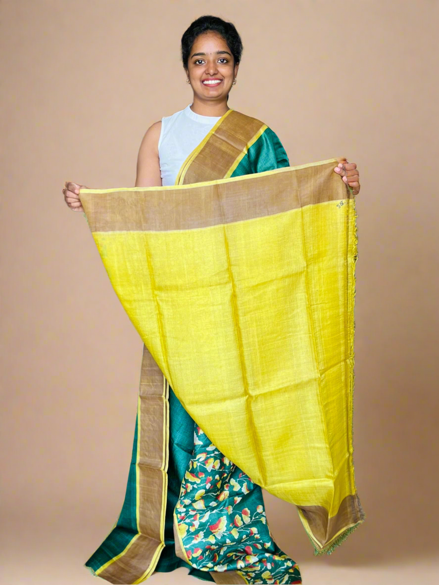 Dark Green and Yellow Tussar Silk Saree with Prints
