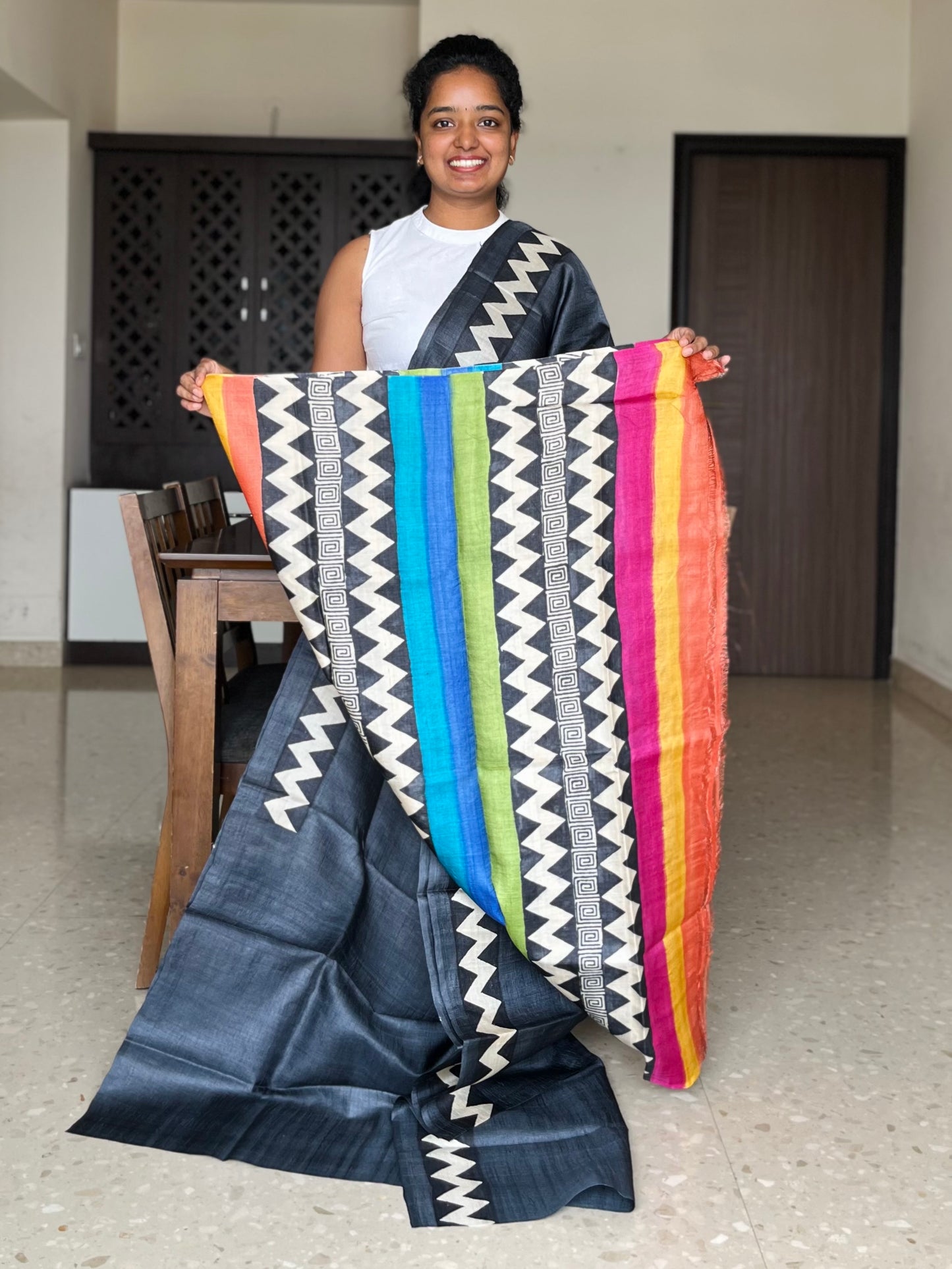 Black Tussar Silk Saree with Prints