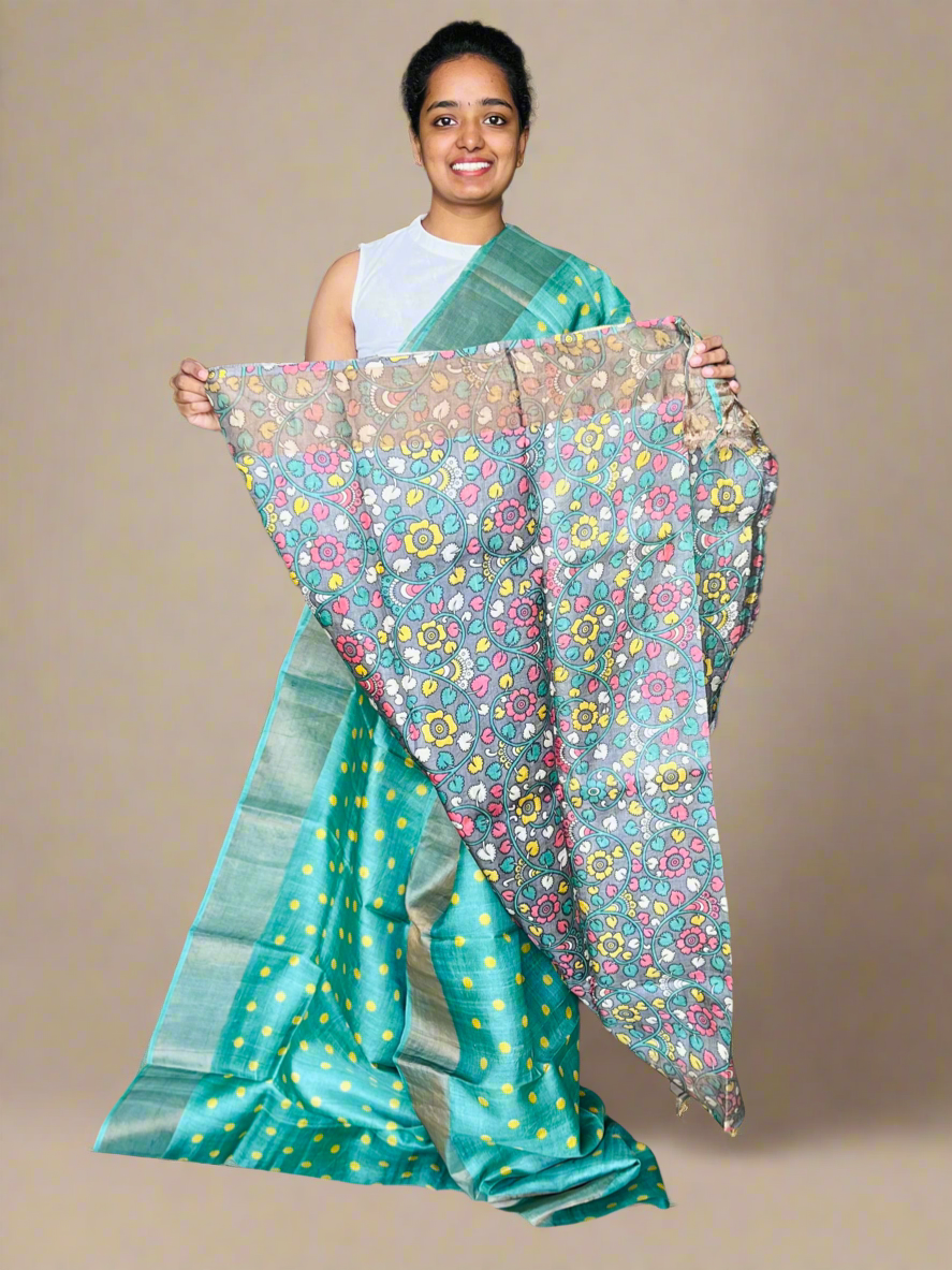 Olive Green Tussar Silk Saree with Prints