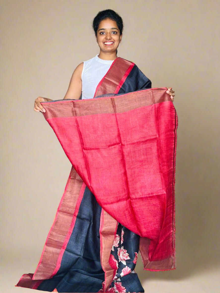 Black and Red Tussar Silk Saree with Prints