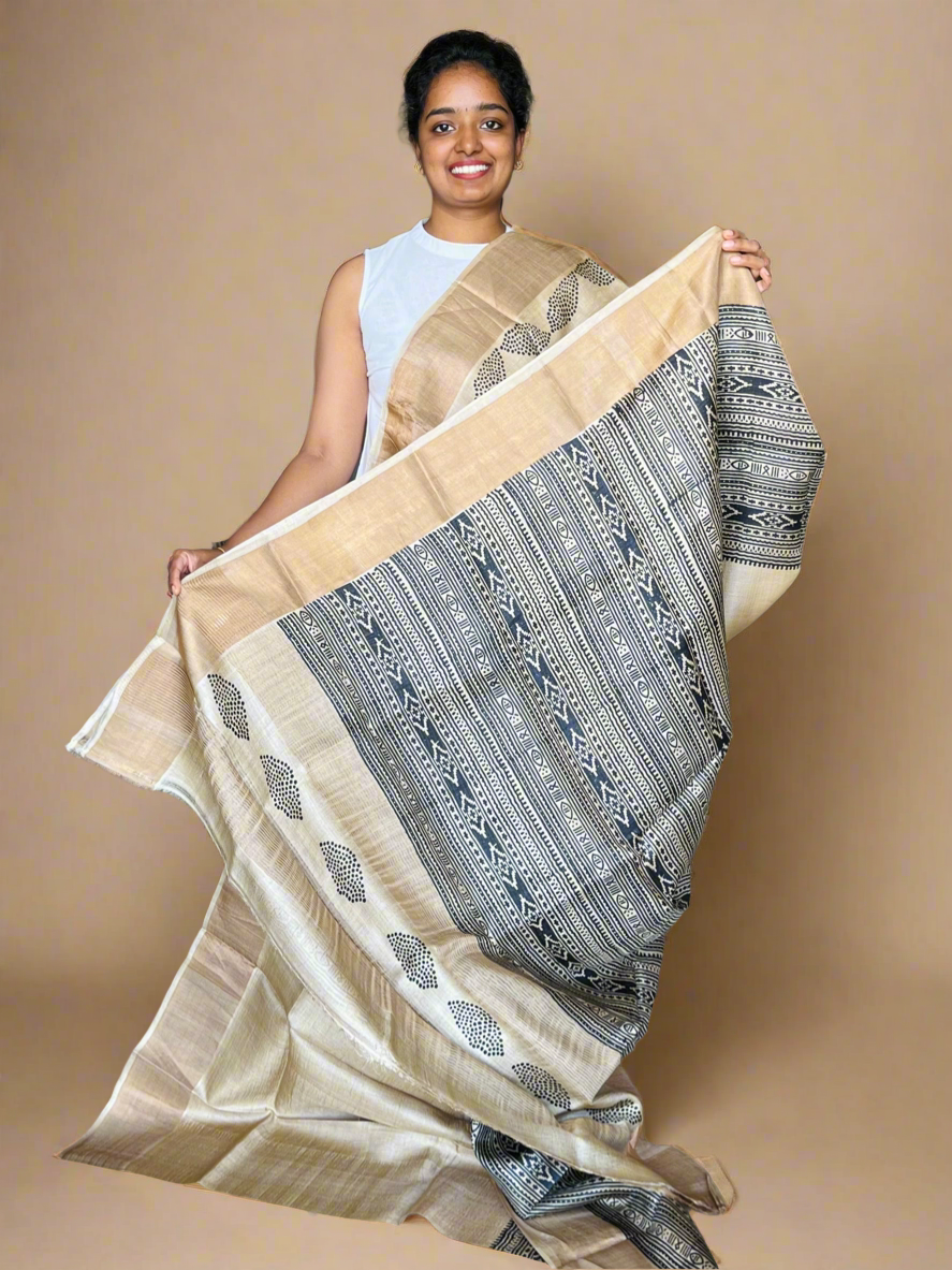 Golden Tussar Silk Saree with Prints