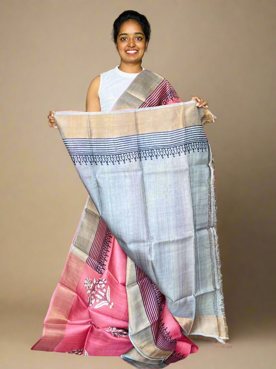 Pink and Grey Tussar Silk Saree with Prints