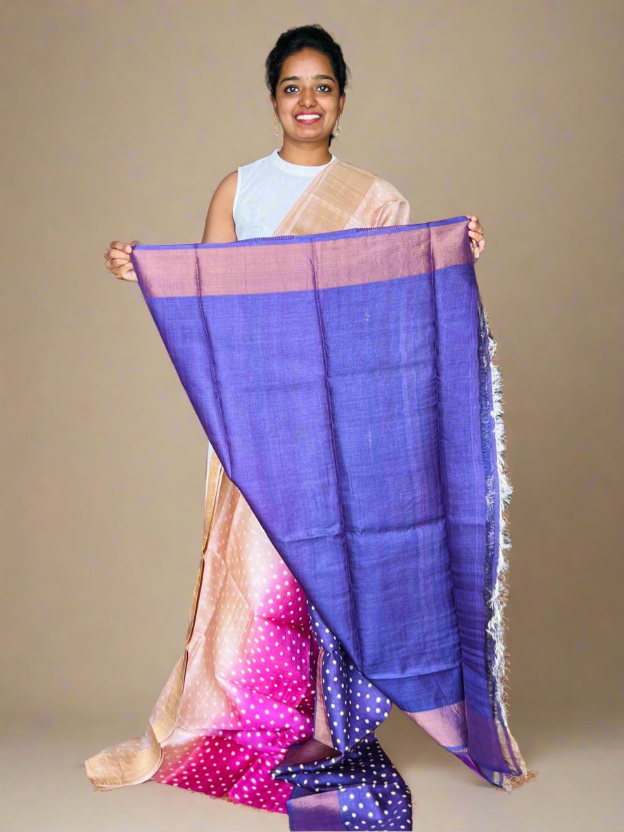 Cream Pink and Purple Tussar Silk Saree with Prints
