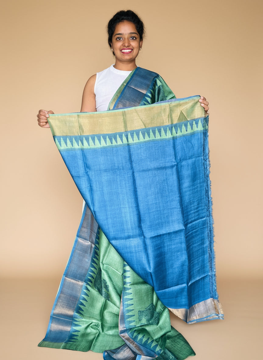 Green and Blue Tussar Silk Saree with Prints