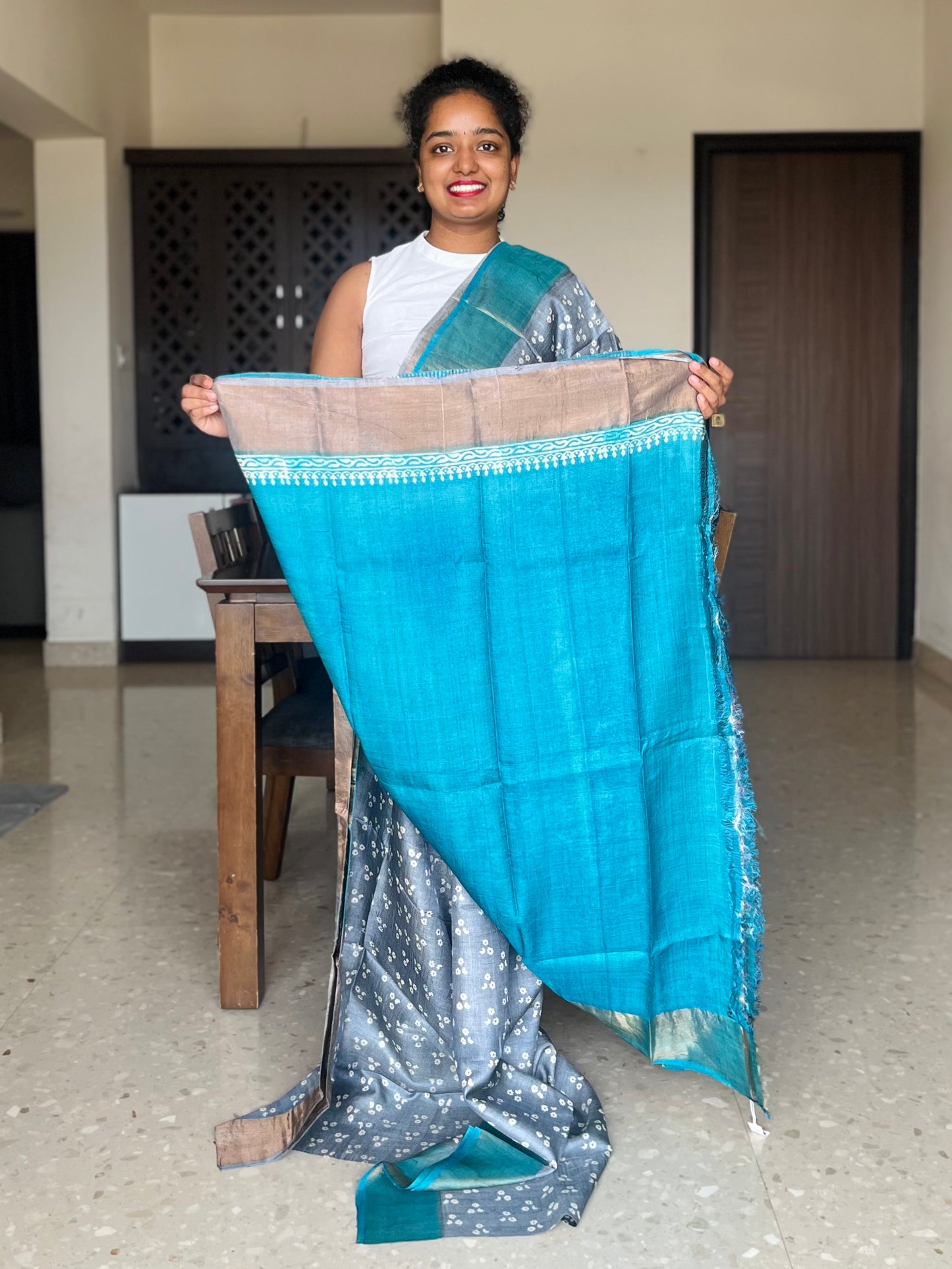 Grey and Blue Tussar Silk Saree with Prints