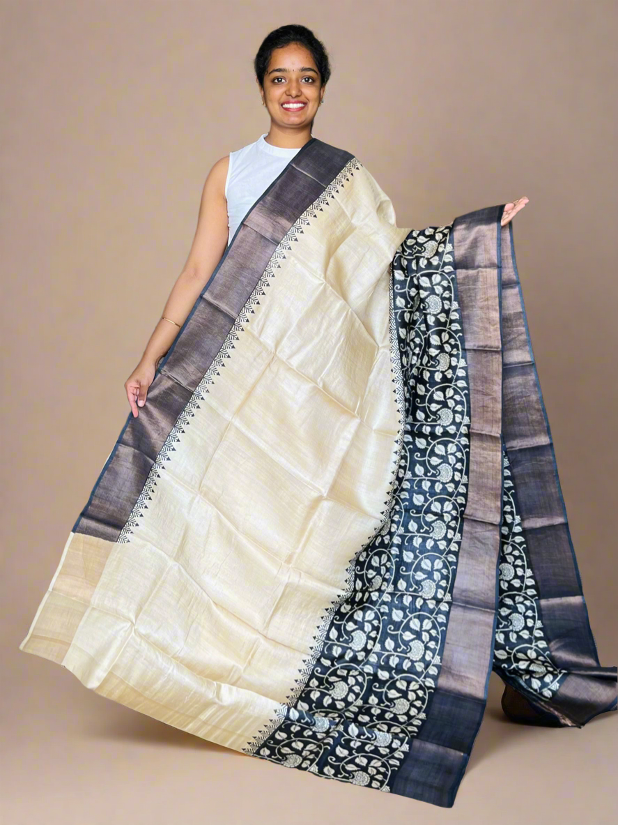 Cream and Black Tussar Silk Saree with Prints