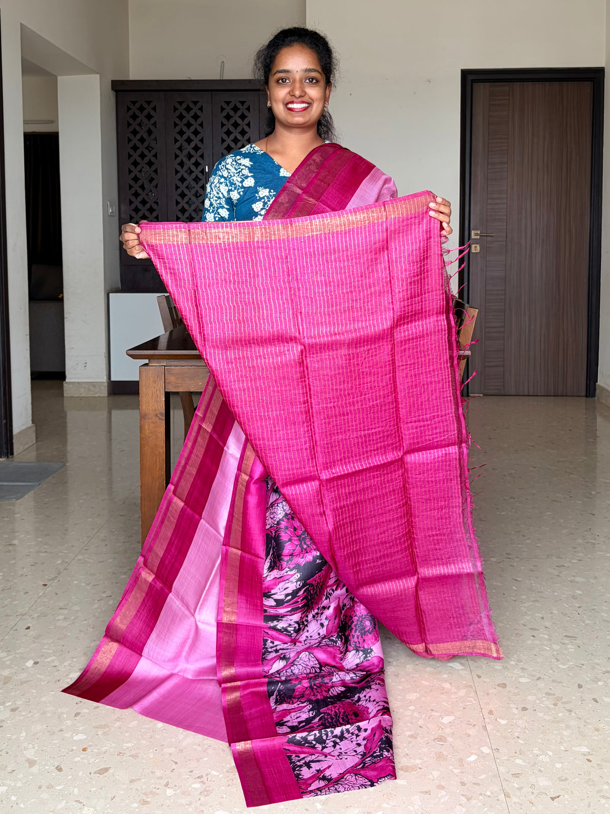 Pink and Magenta Tussar Silk Saree with Prints