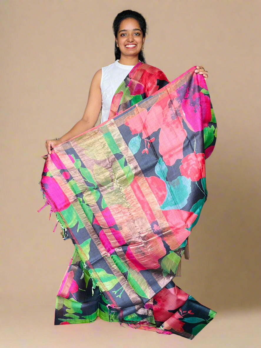 Black and Red Tussar Silk Saree with Prints