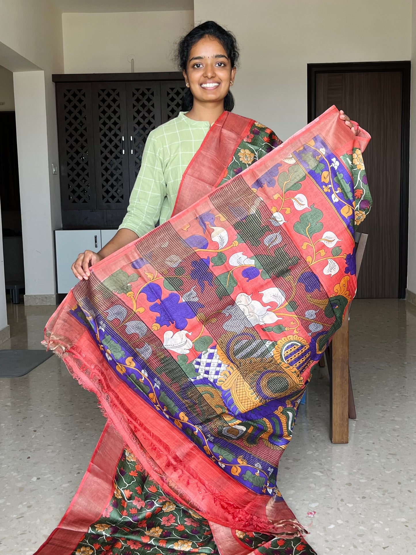 Green and Peach Tussar Silk Saree with Prints