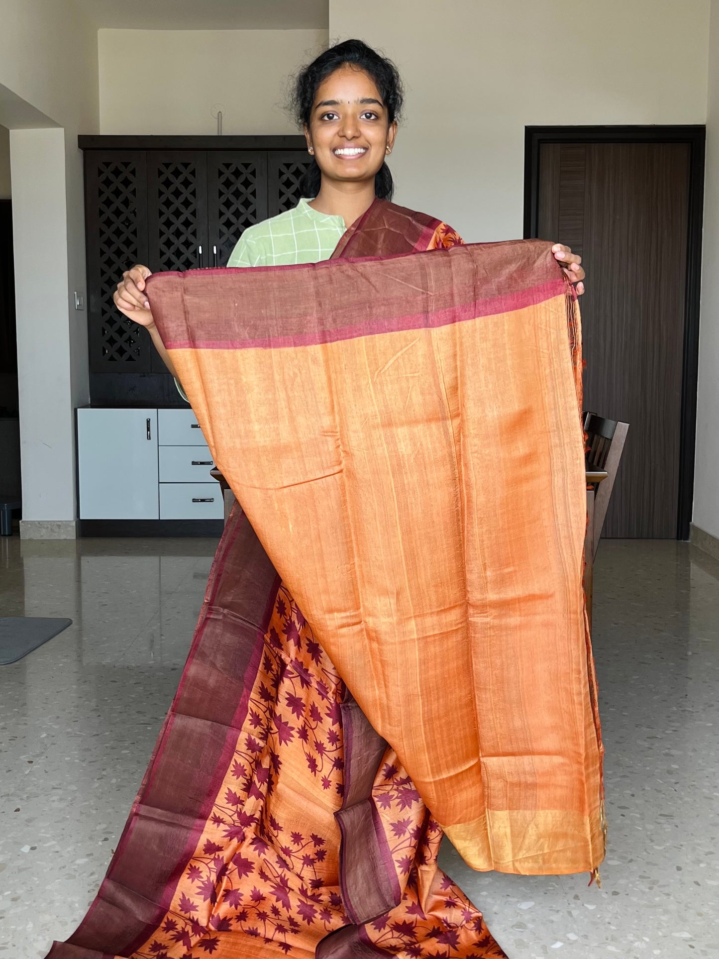 Orange and Maroon Tussar Silk Saree with Prints
