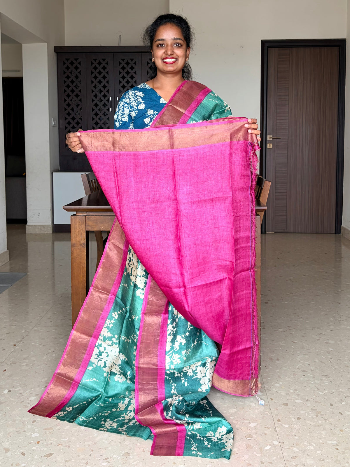 Green and Magenta Tussar Silk Saree with Prints