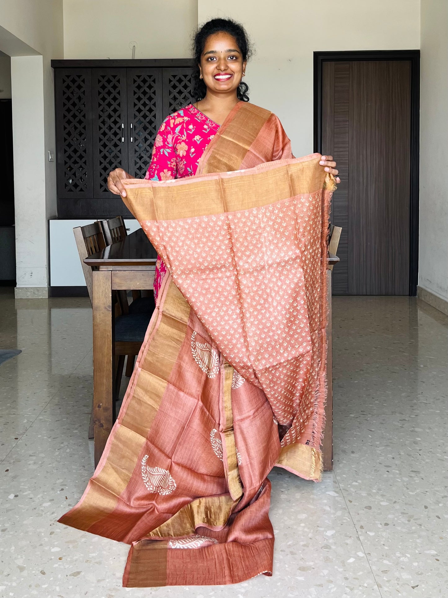 Rust Orange Tussar Silk Saree with Prints