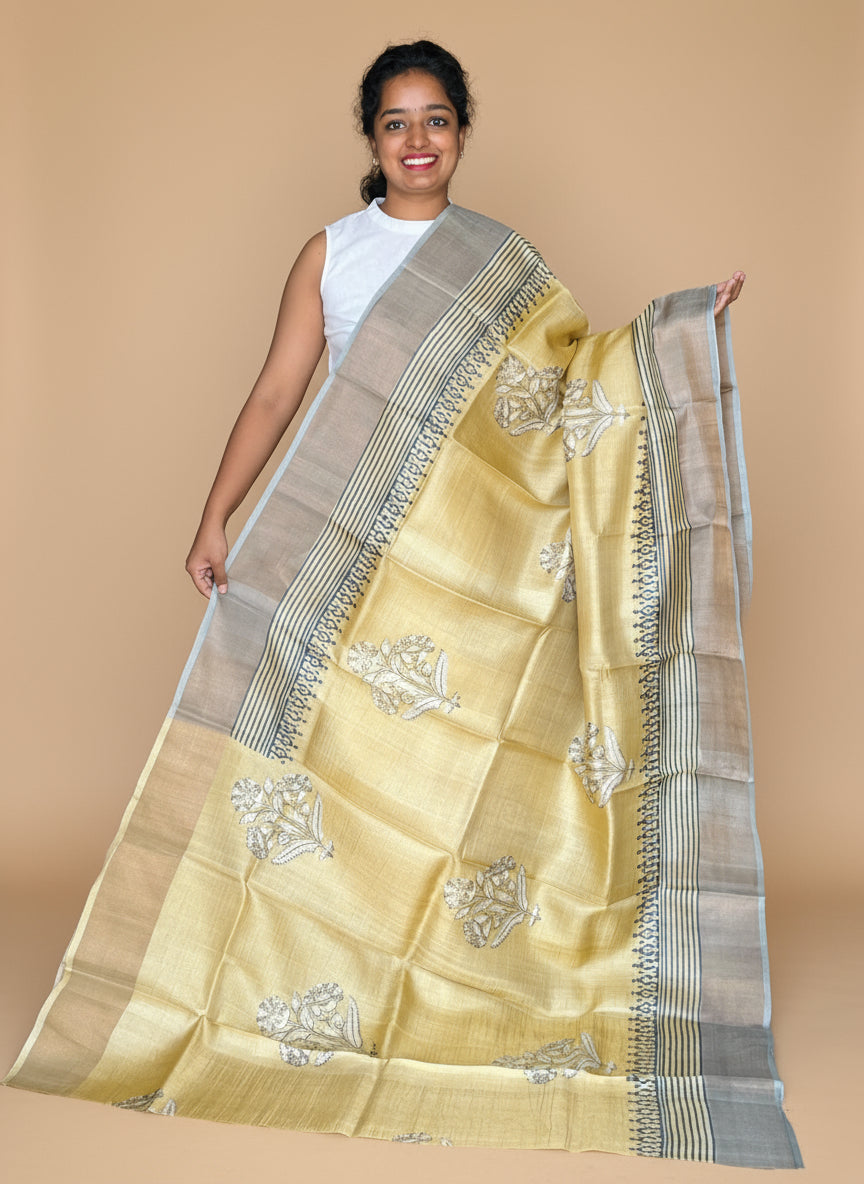Yellow and Grey Tussar Silk Saree with Prints
