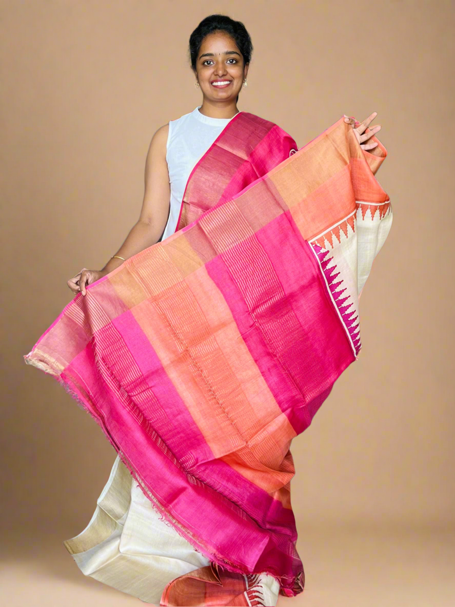 Cream, Orange and Pink Tussar Silk Saree with Prints